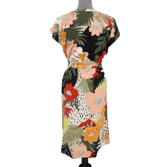 Loft Dress Petites 10P Beige Red Black Floral Cotton Blend Button Up Pockets - Picture 2 of 16